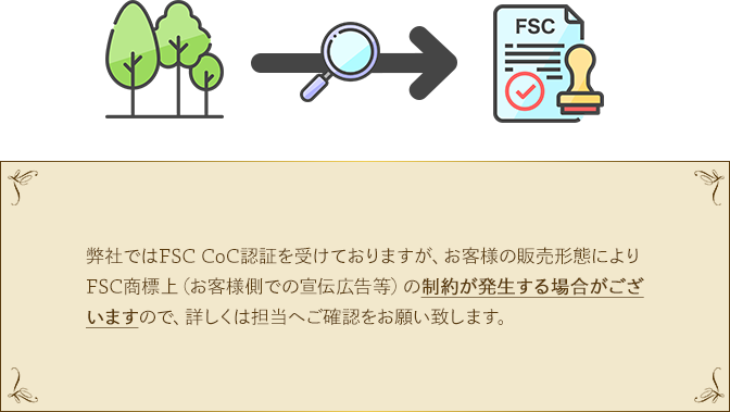 弊社ではFSC CoC認証を受けておりますが、お客様の販売形態によりFSC商標上（お客様側での宣伝広告等）の制約が発生する場合がございますので、詳しくは担当へご確認をお願い致します。