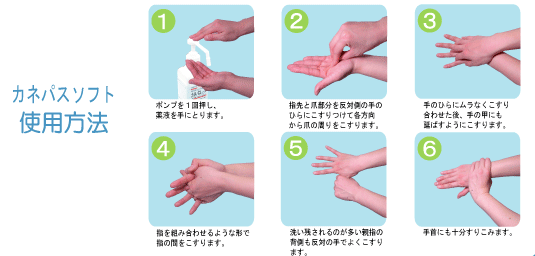 カネパスソフト使用方法　1.ポンプ1回押し、薬液を手に取ります。　2.指先と爪部分を反対側の手のひらにこすりつけて各方向から爪の周りをこすります。　3.手のひらにムラなくこすり合わせた後、手の甲にも延ばすようにこすります。　4.指を組み合わせるような形で指の間をこすります。　5.洗い残されるのが多い親指の裏側も反対の手でよくこすります。　6.手首にも十分すりこみます。