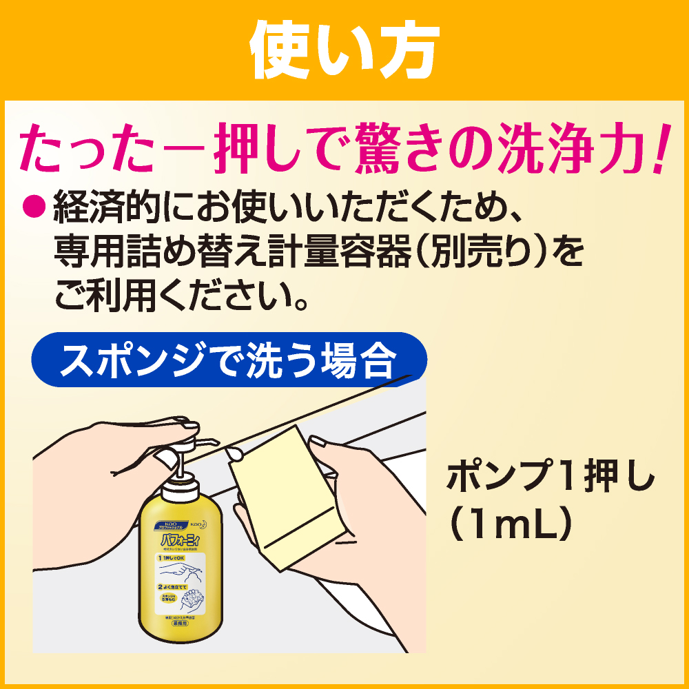 使い方　たった一押しで驚きの洗浄力！　●経済的にお使いいただくため、専用詰め替え計量容器(別売り)をご利用ください。　スポンジで洗う場合　ポンプ1押し(1mL)