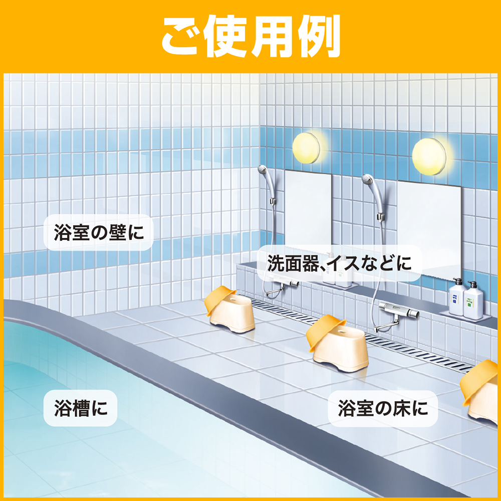 ご使用例　浴室の壁に　洗面器、イスなどに　浴槽に　浴室の床に