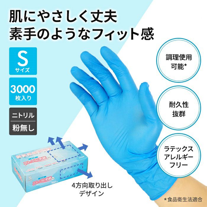 【最安】宇都宮ニトリル手袋ブルー粉無しS 3000枚